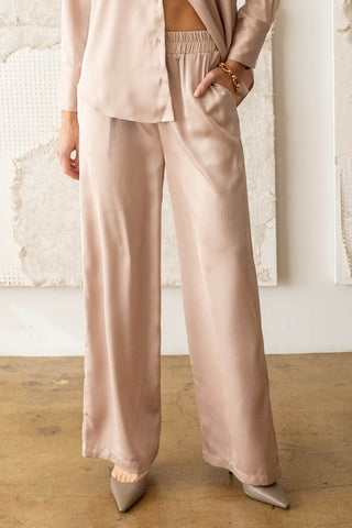 Pantalones de Pierna Ancha Talla Alto de Saten Beige