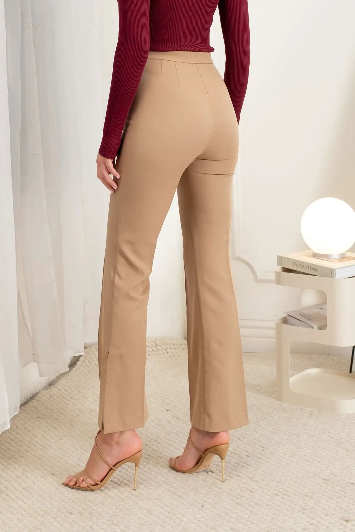 Pantalón Palazzo de Vestir Beige de Mujer de Cintura Alta con Pinzas y Abertura Lateral by shopblupepper