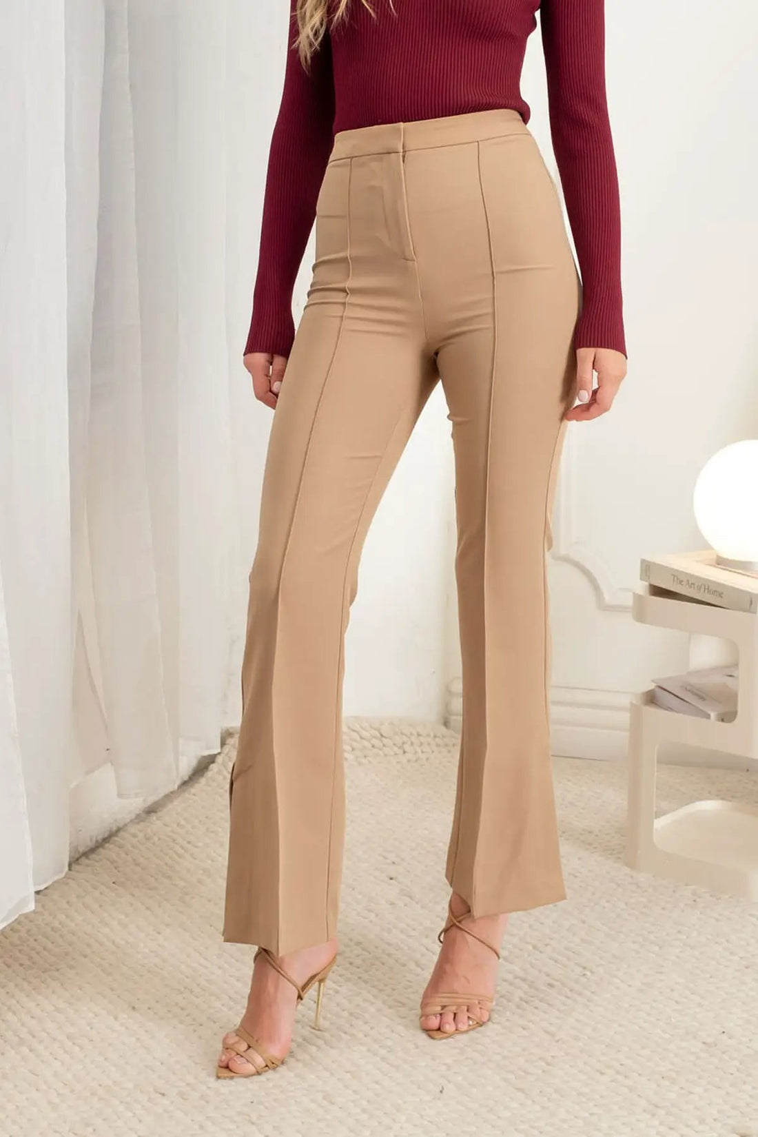 Pantalón Palazzo de Vestir Beige de Mujer de Cintura Alta con Pinzas y Abertura Lateral by shopblupepper