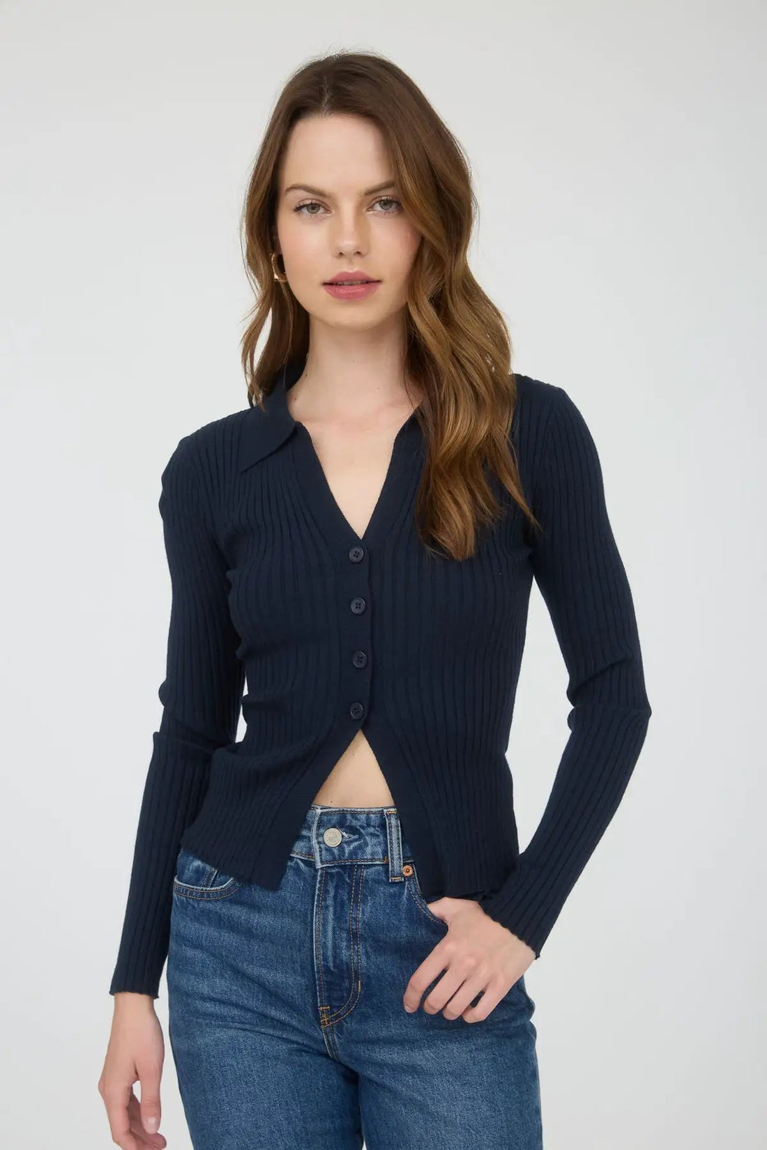 Blusa Azu Marino de Punto Suéter para Mujer con Cuello y Botones - Manga Larga by shopblupepper
