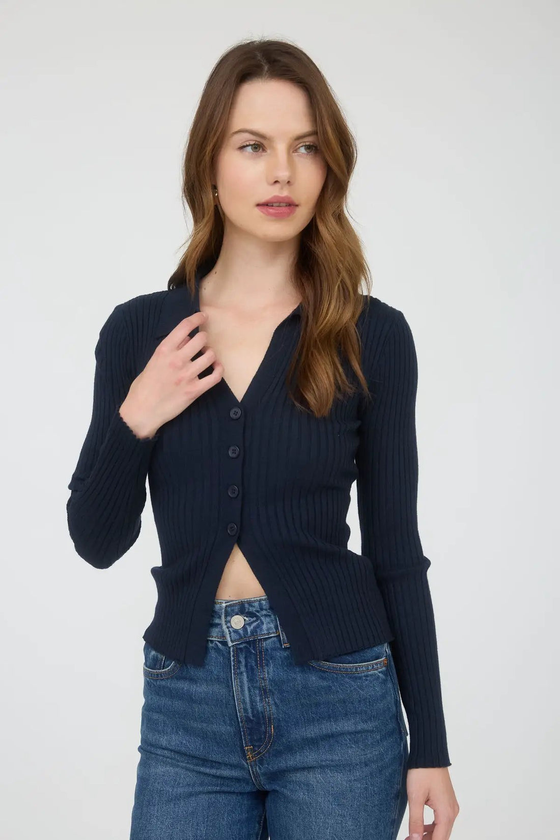 Blusa Azu Marino de Punto Suéter para Mujer con Cuello y Botones - Manga Larga by shopblupepper