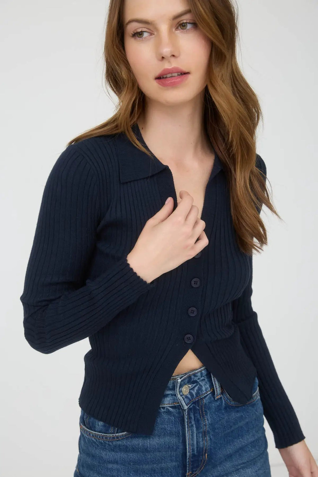 Blusa Azu Marino de Punto Suéter para Mujer con Cuello y Botones - Manga Larga by shopblupepper
