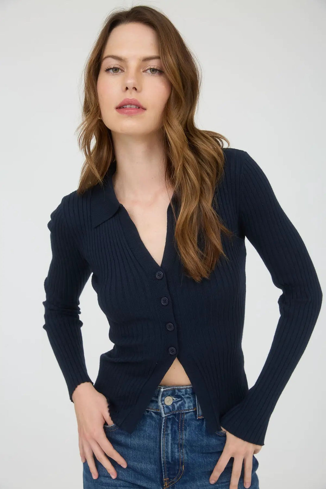Blusa Azu Marino de Punto Suéter para Mujer con Cuello y Botones - Manga Larga by shopblupepper