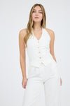 Chaleco Mujer Elegante Halter Escote V Sin Mangas Botones Moda Casual
