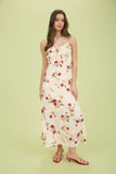 Vestido Midi Floral con Encaje y Lazo Frontal Beige Rojo