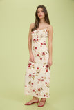 Vestido Midi Floral con Encaje y Lazo Frontal Beige Rojo