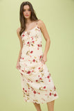 Vestido Midi Floral con Encaje y Lazo Frontal Beige Rojo