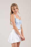 Top Corto Corset con Detalle de Encaje y Lazo en la Espalda Azul