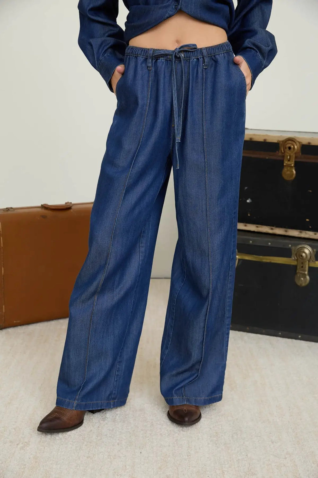 shopblupepper Front Seam Detail Drawstring Denim Pants – Wide Leg Elastic Waist Jeans - PANTS