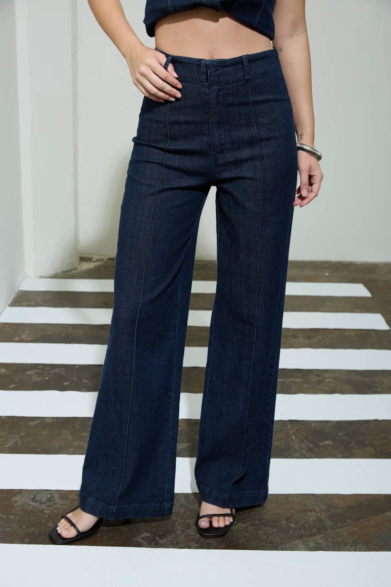 THE WORKSHOP High Waist Front Seam Wide Leg Jeans – Stretch Denim Pants Dark Blue -