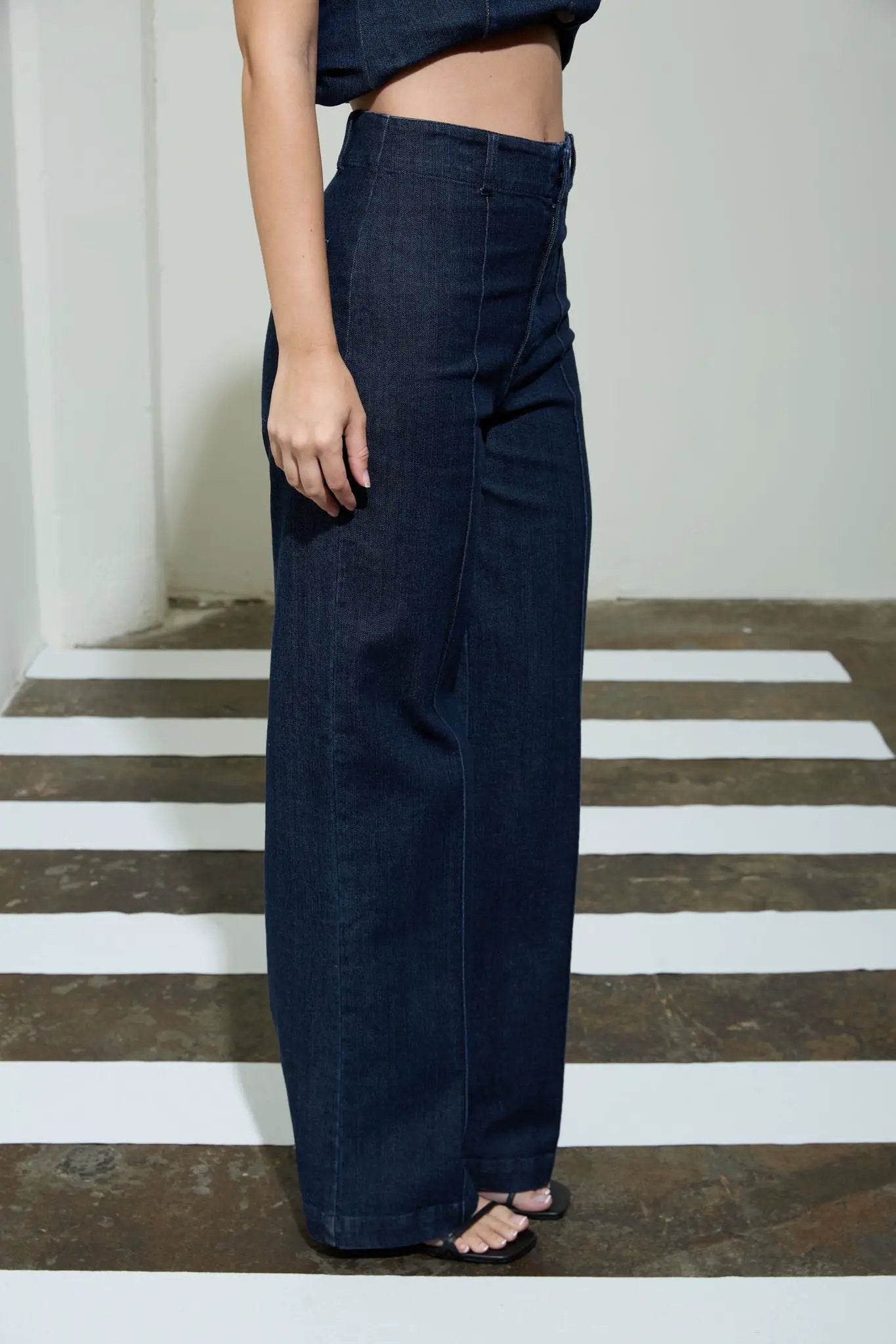 THE WORKSHOP High Waist Front Seam Wide Leg Jeans – Stretch Denim Pants Dark Blue -