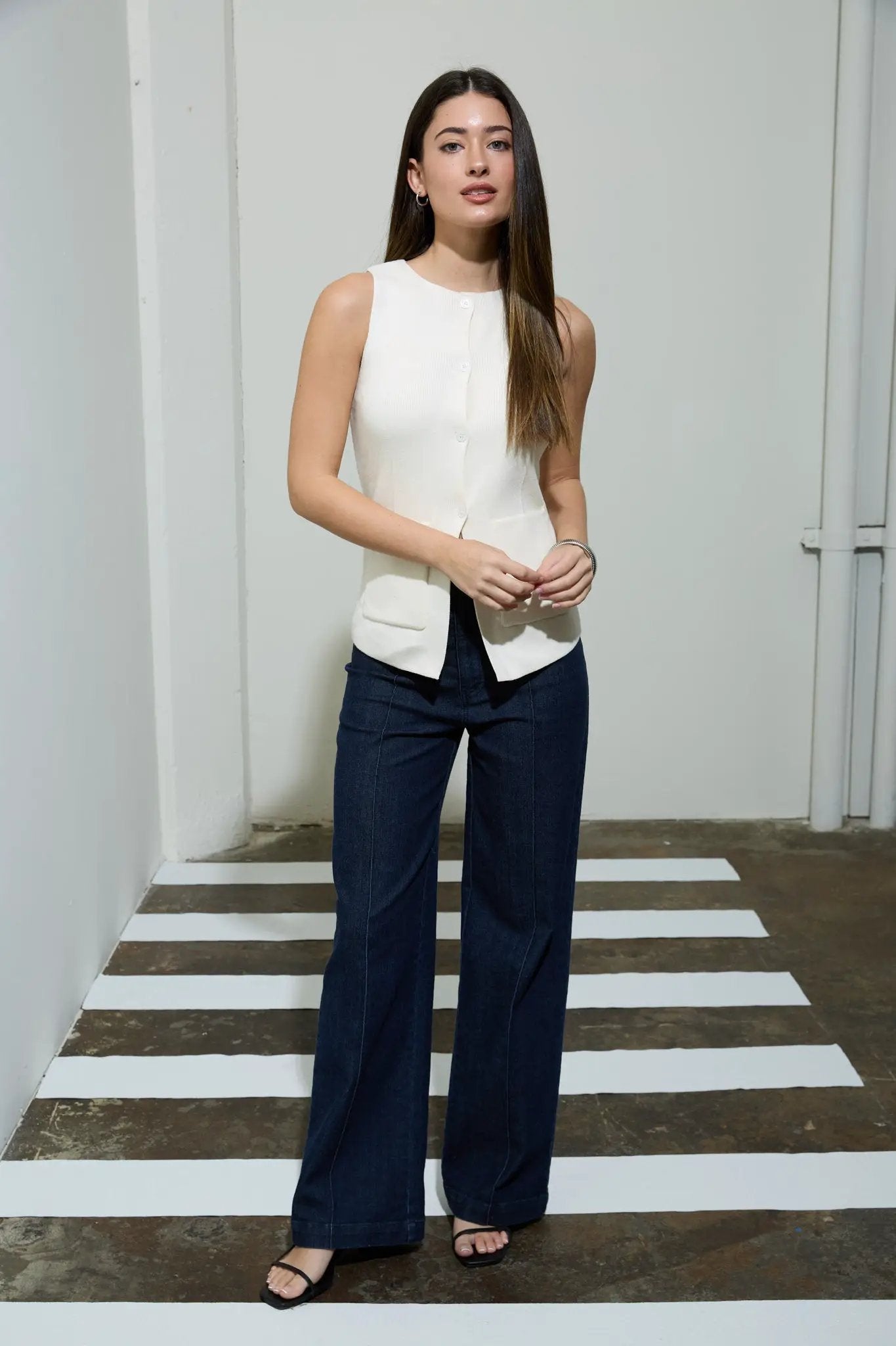 THE WORKSHOP High Waist Front Seam Wide Leg Jeans – Stretch Denim Pants Dark Blue -