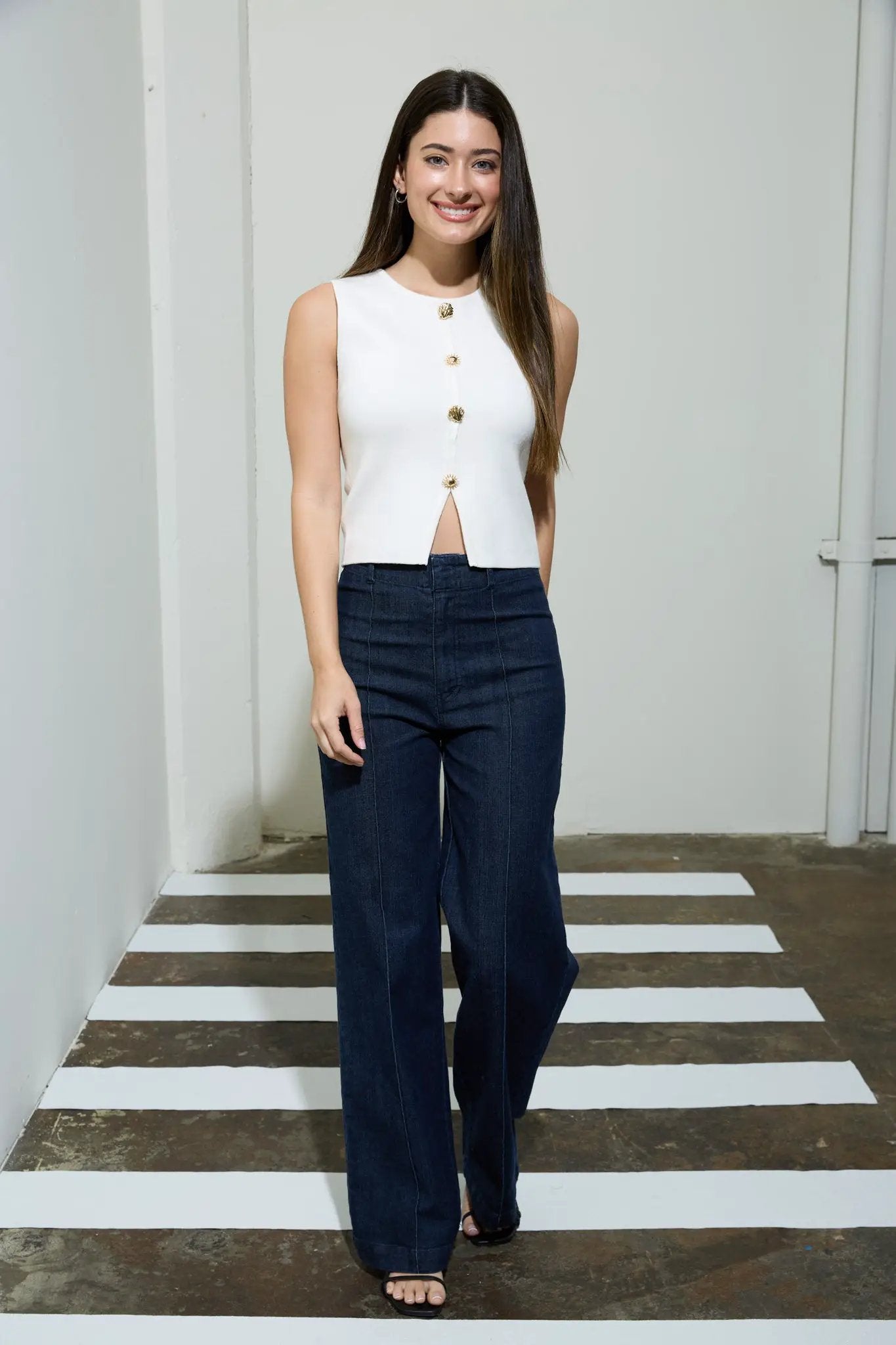 THE WORKSHOP High Waist Front Seam Wide Leg Jeans – Stretch Denim Pants Dark Blue -