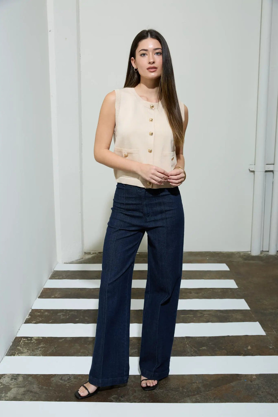 THE WORKSHOP High Waist Front Seam Wide Leg Jeans – Stretch Denim Pants Dark Blue -