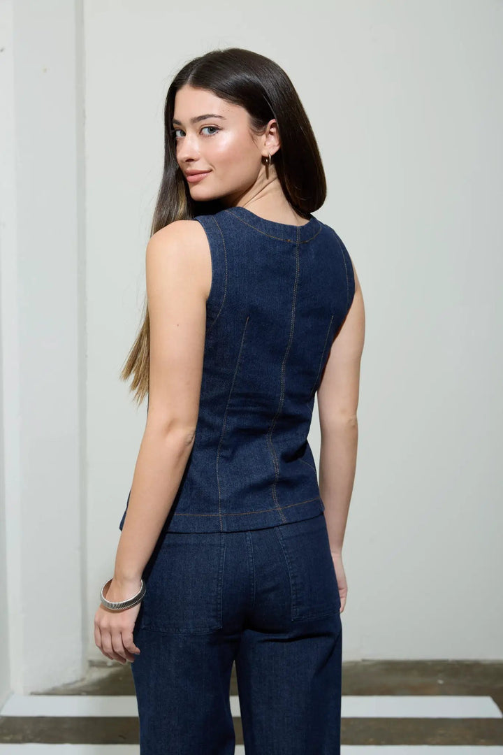 THE WORKSHOP Round Neck Button Down Sleeveless Denim Vest Top -