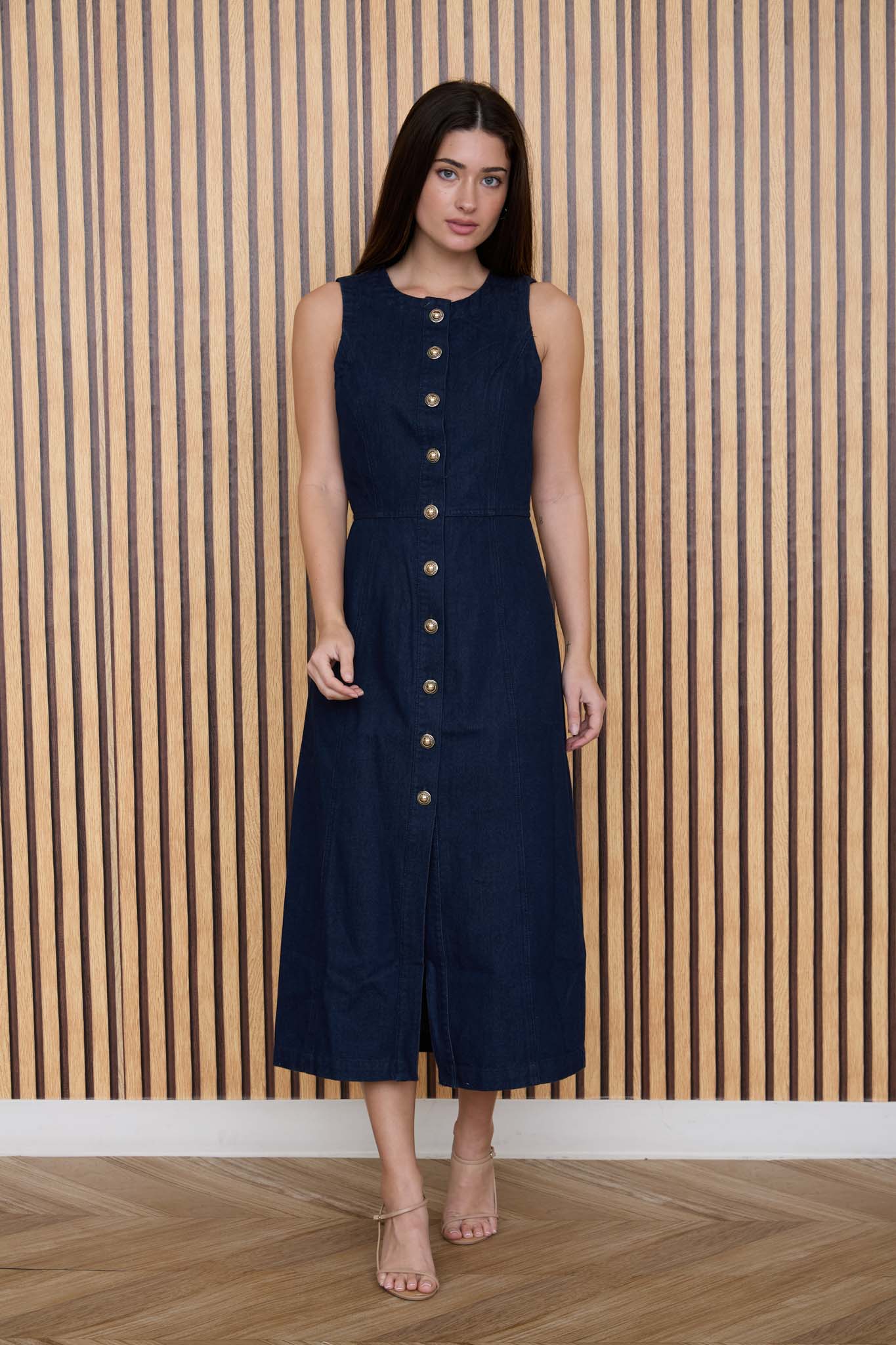 BUTTON DOWN SLEEVELESS DENIM MIDI DRESS by shopblupepper