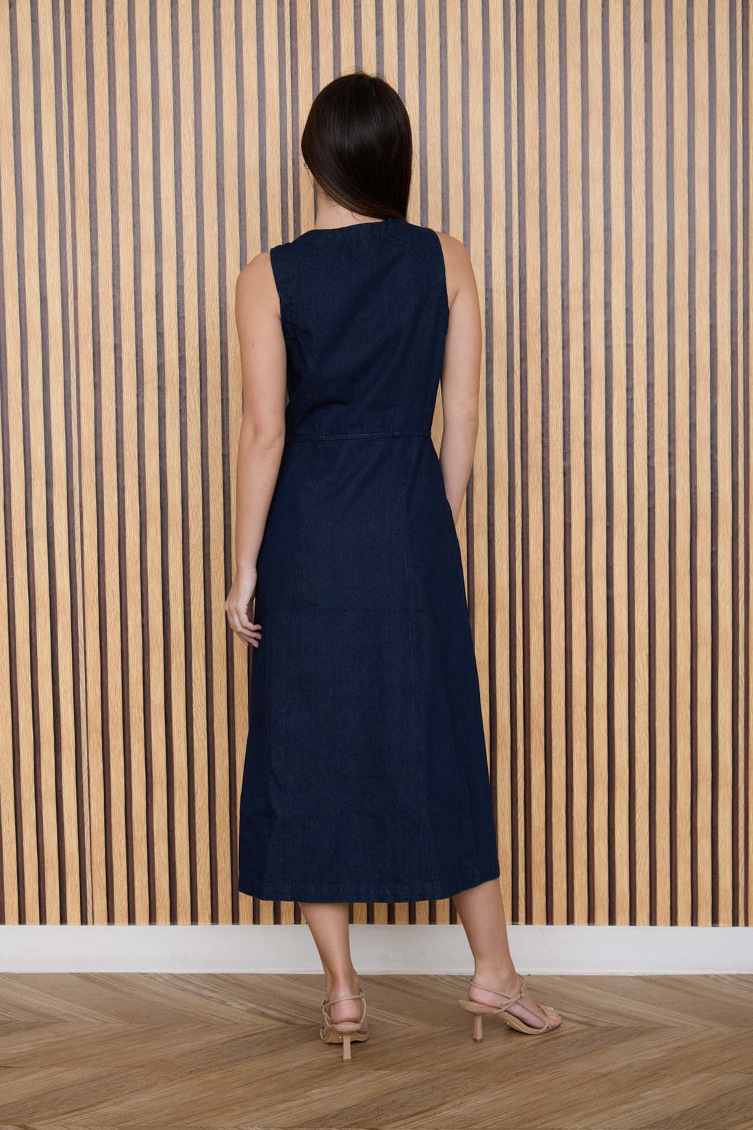 BUTTON DOWN SLEEVELESS DENIM MIDI DRESS by shopblupepper
