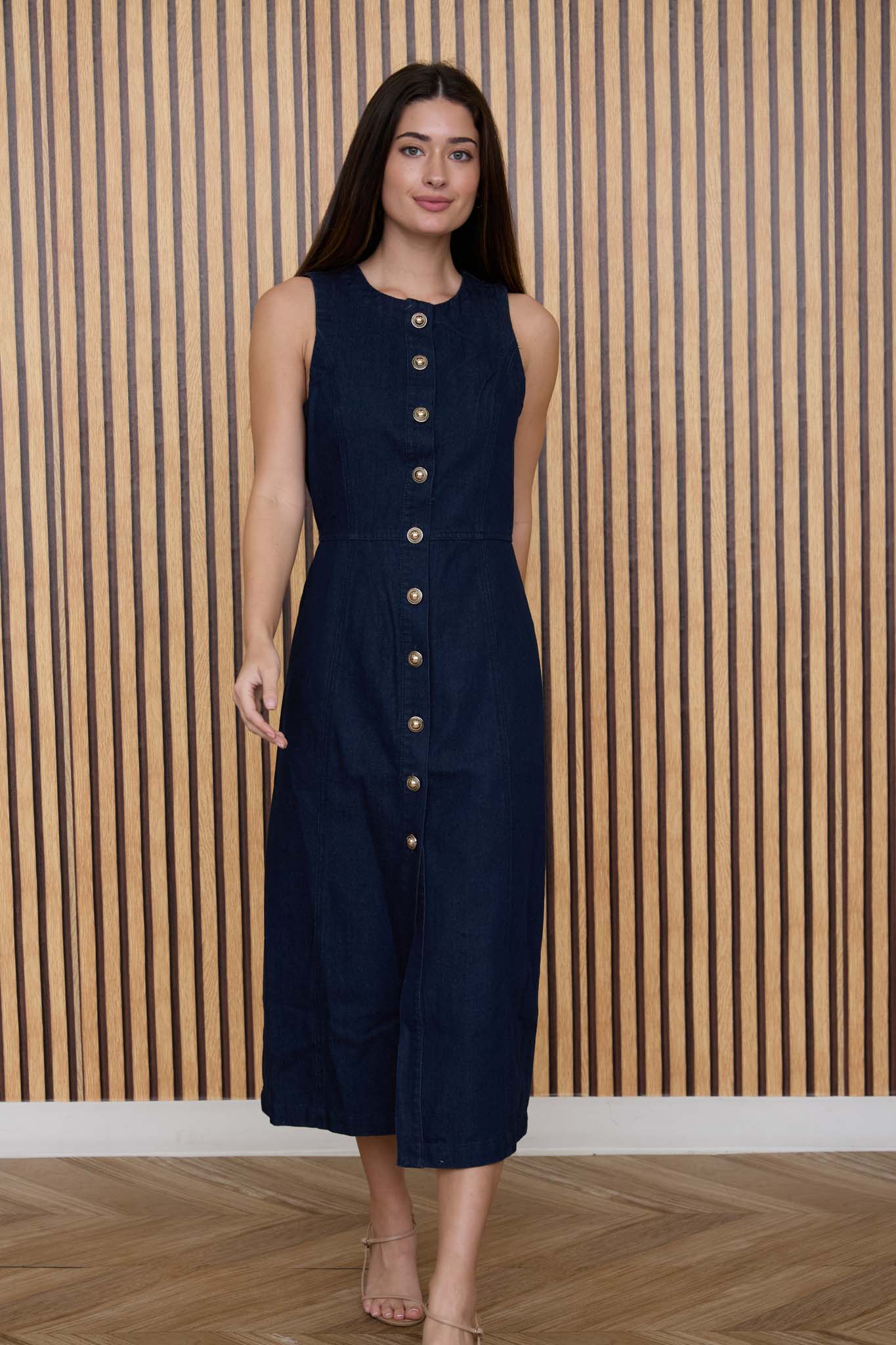 BUTTON DOWN SLEEVELESS DENIM MIDI DRESS by shopblupepper