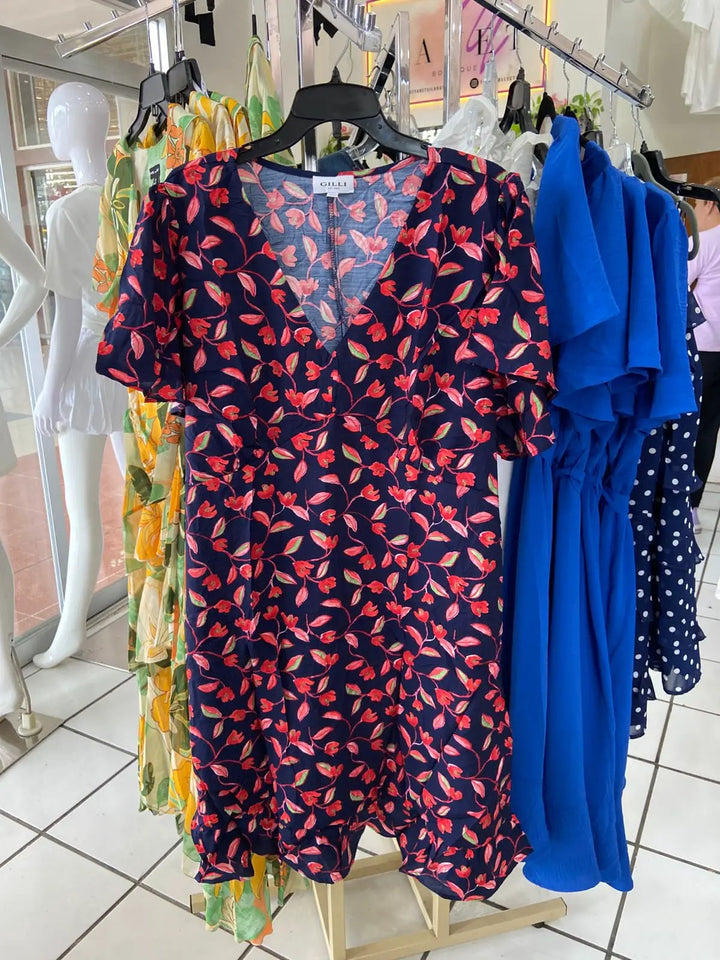 Vestido flores azul con rojo by Yanet Collective