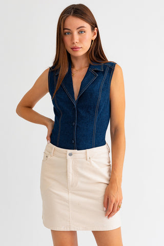 Bodysuit Mezclilla Índigo Mujer Sin Mangas Elegante con Cuello y Botones