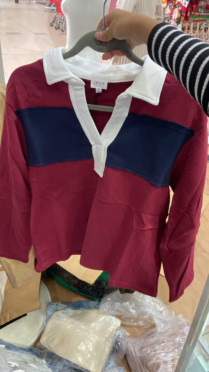 Polo de Manga Larga en Burdeos y Azul Marino - Estilo Boutique