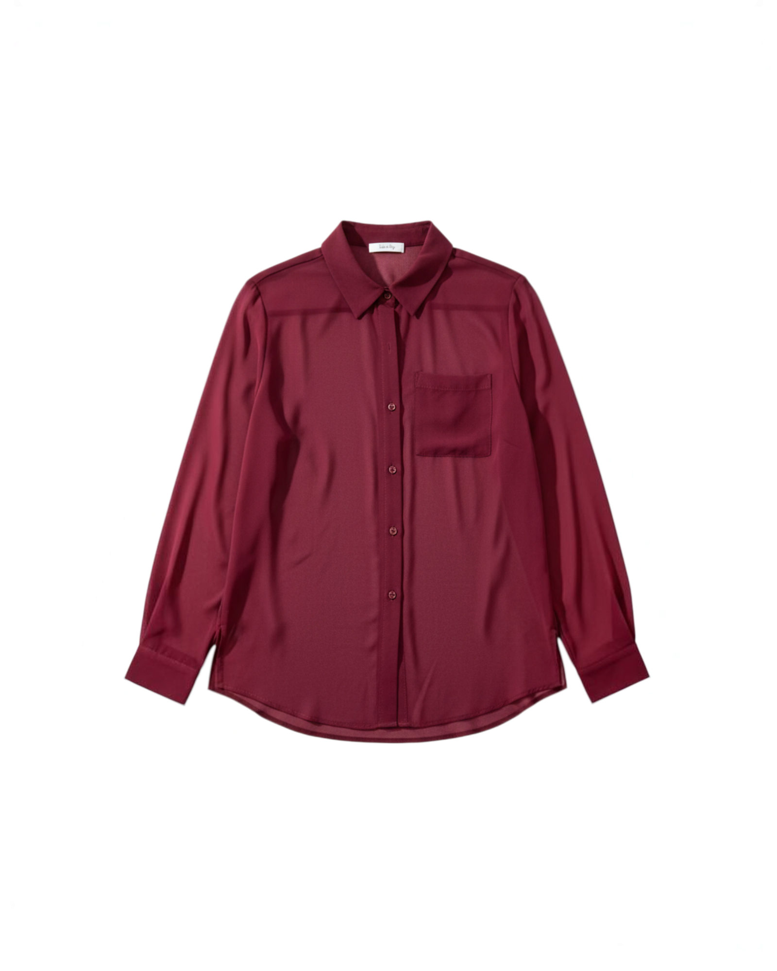 Blusa Yanet Collective de manga larga en color borgoña con tejido traslúcido, cuello clásico y bolsillo frontal.