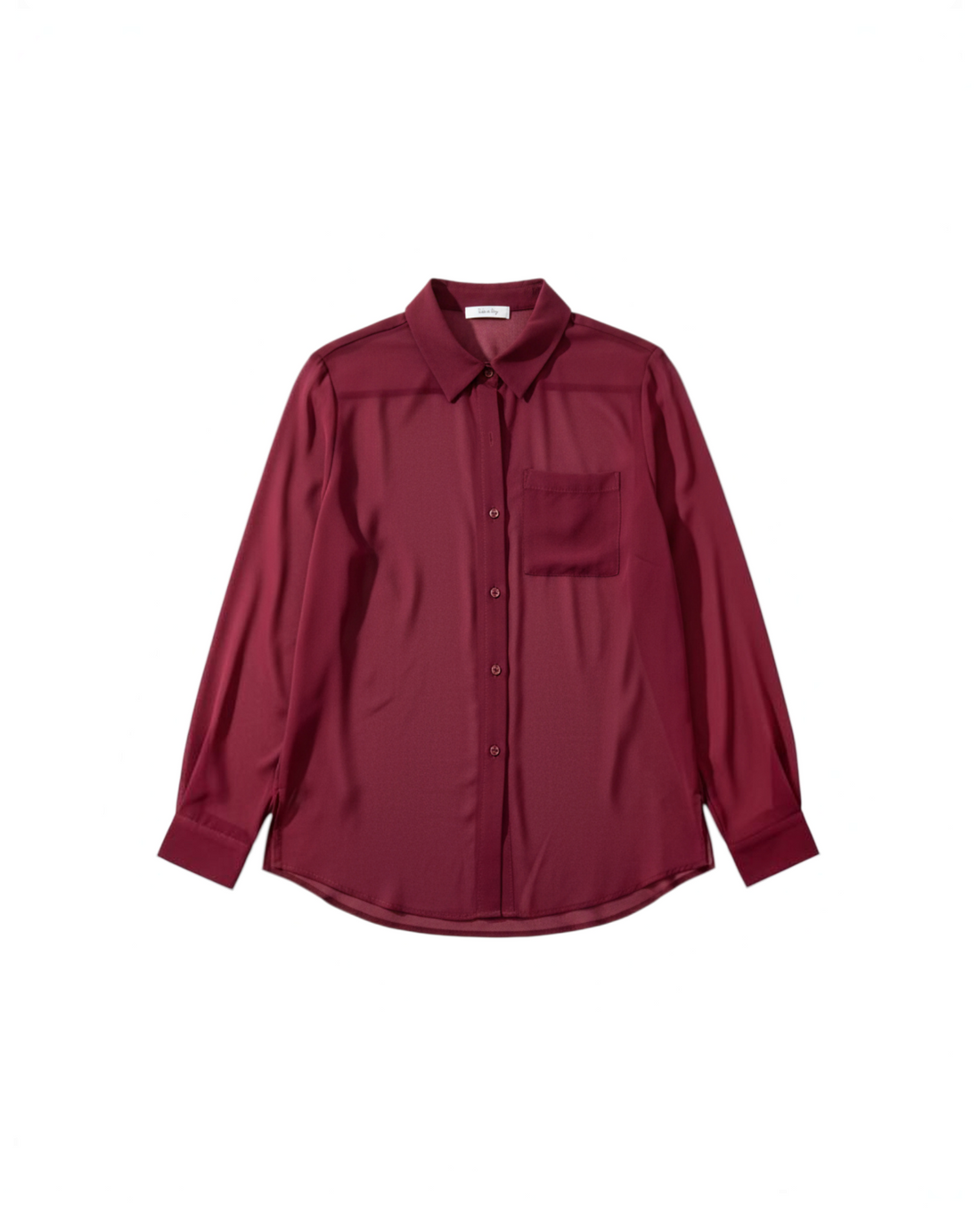 Blusa Yanet Collective de manga larga en color borgoña con tejido traslúcido, cuello clásico y bolsillo frontal.
