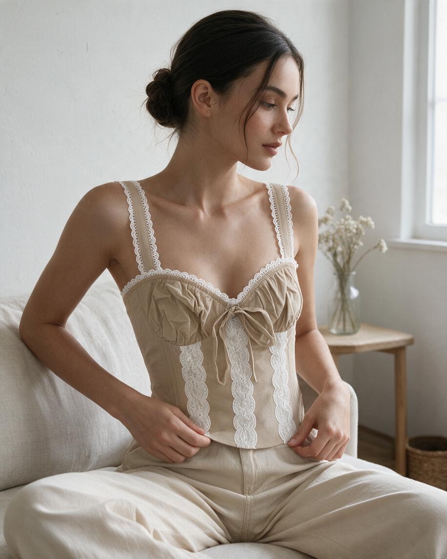 Corset Top Strapless Beige con Encaje - Estilo Boutique