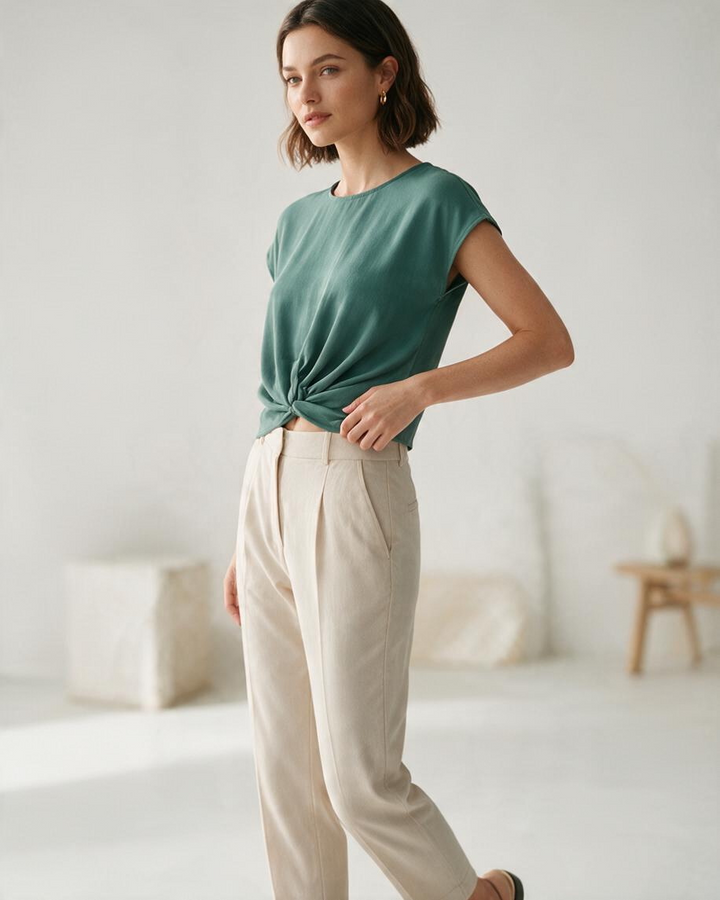 Green Short Sleeve Knot Front Top