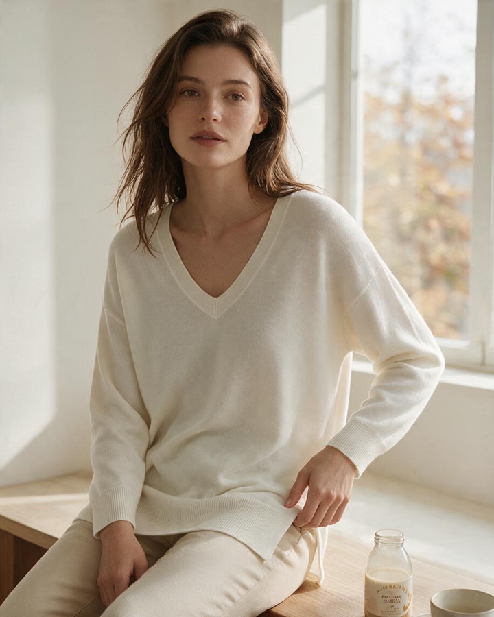 Cream V-Neck Long Sleeve Top with Raw Hem