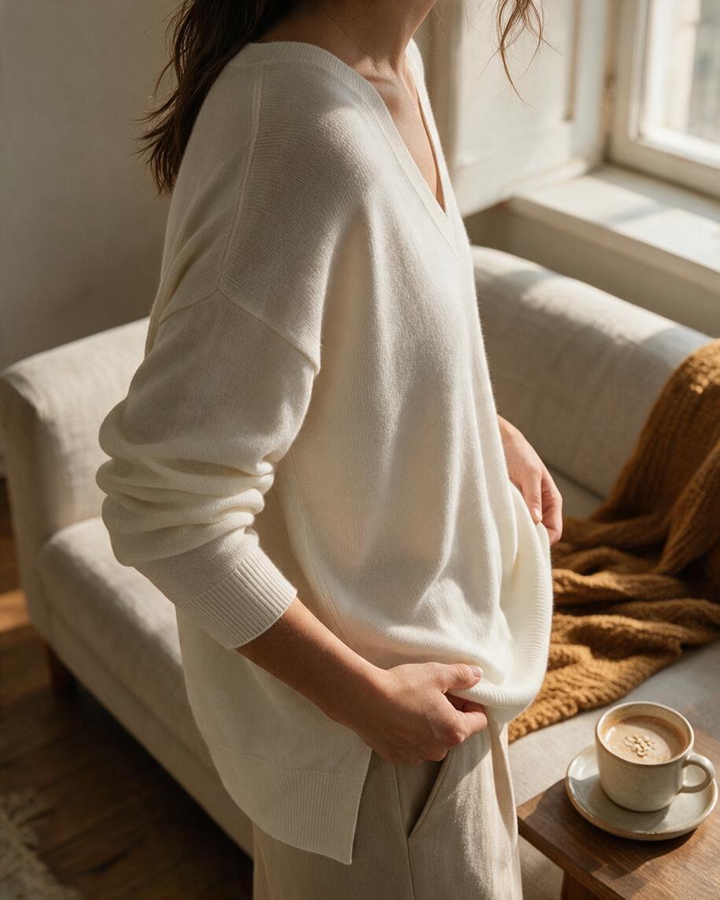Cream V-Neck Long Sleeve Top with Raw Hem