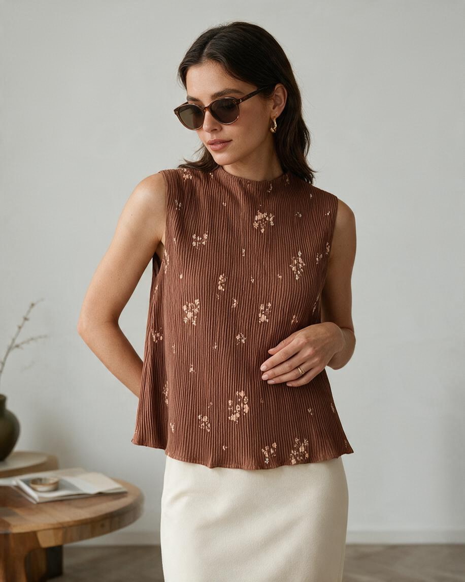 Top Rust Sin Mangas con Estampado Floral - Estilo Boutique