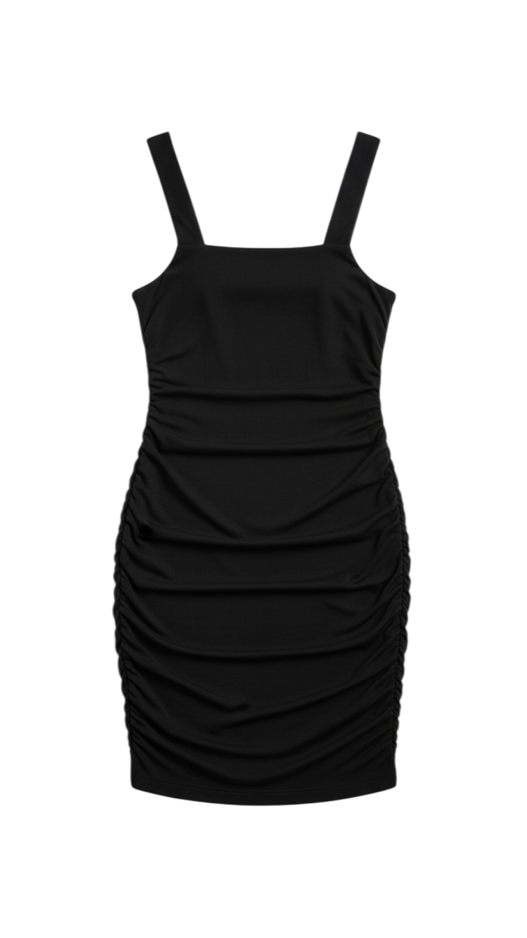 Vestido Bodycon Negro con Fruncido y Tirantes Finos - Estilo Boutique