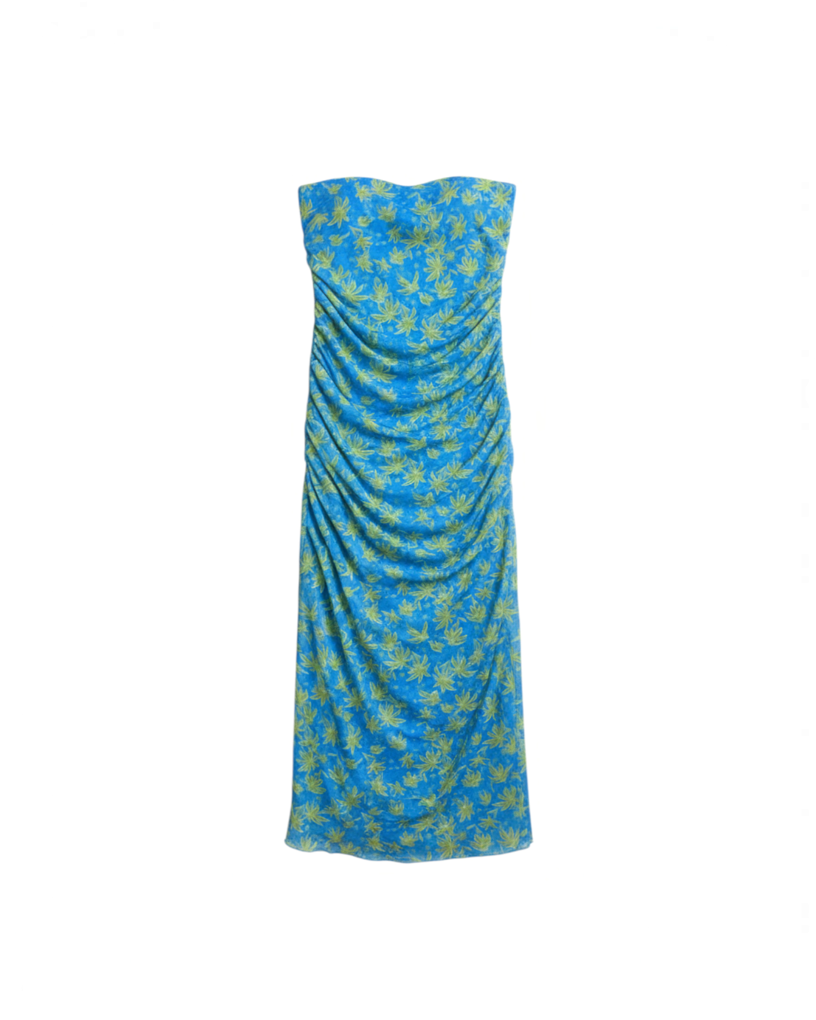 Vestido maxi Yanet Collective azul con estampado floral, diseño fruncido y silueta elegante sin tirantes