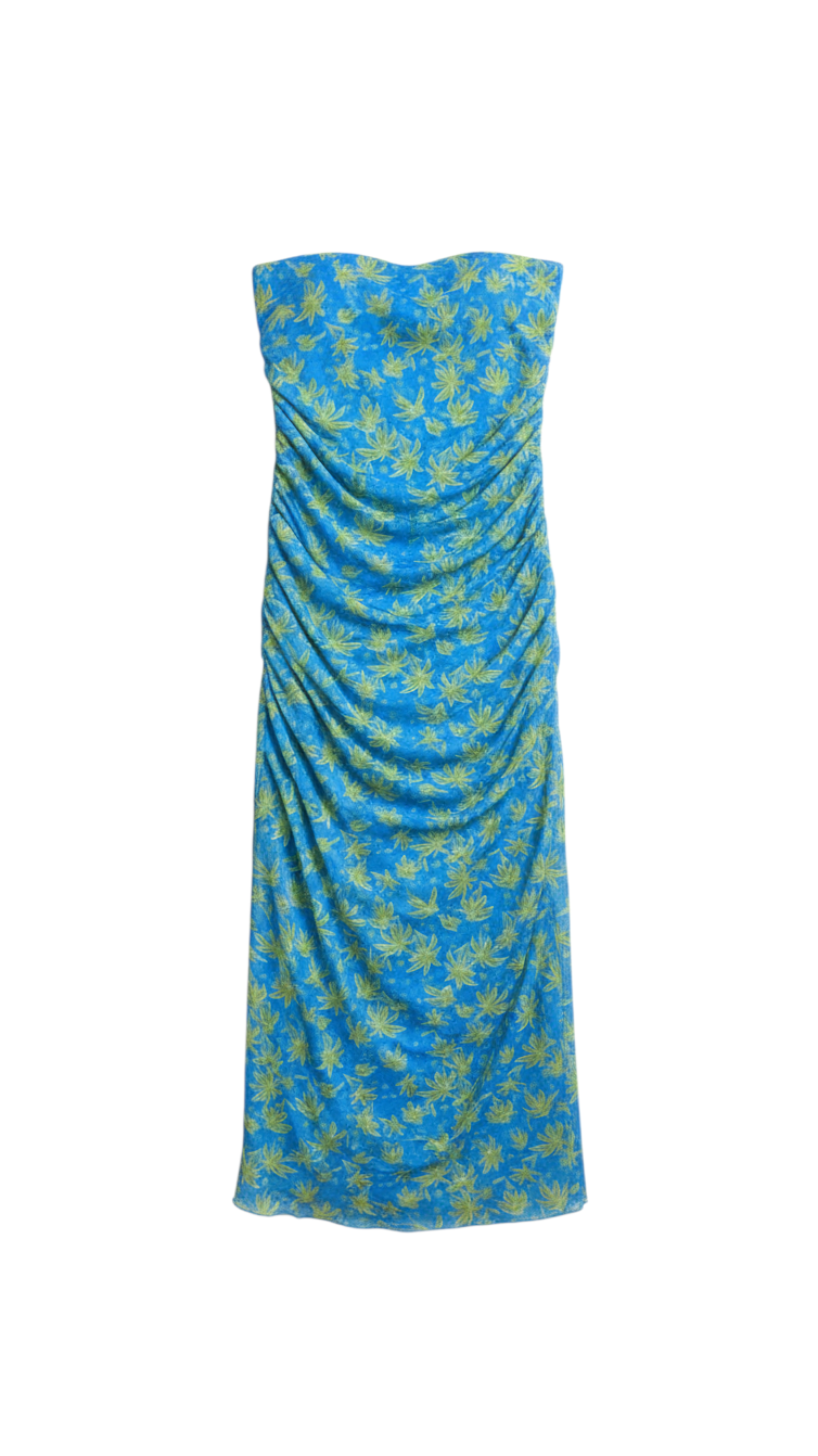 Vestido Maxi Floral Azul con Fruncido y Abertura Lateral - Estilo Boutique
