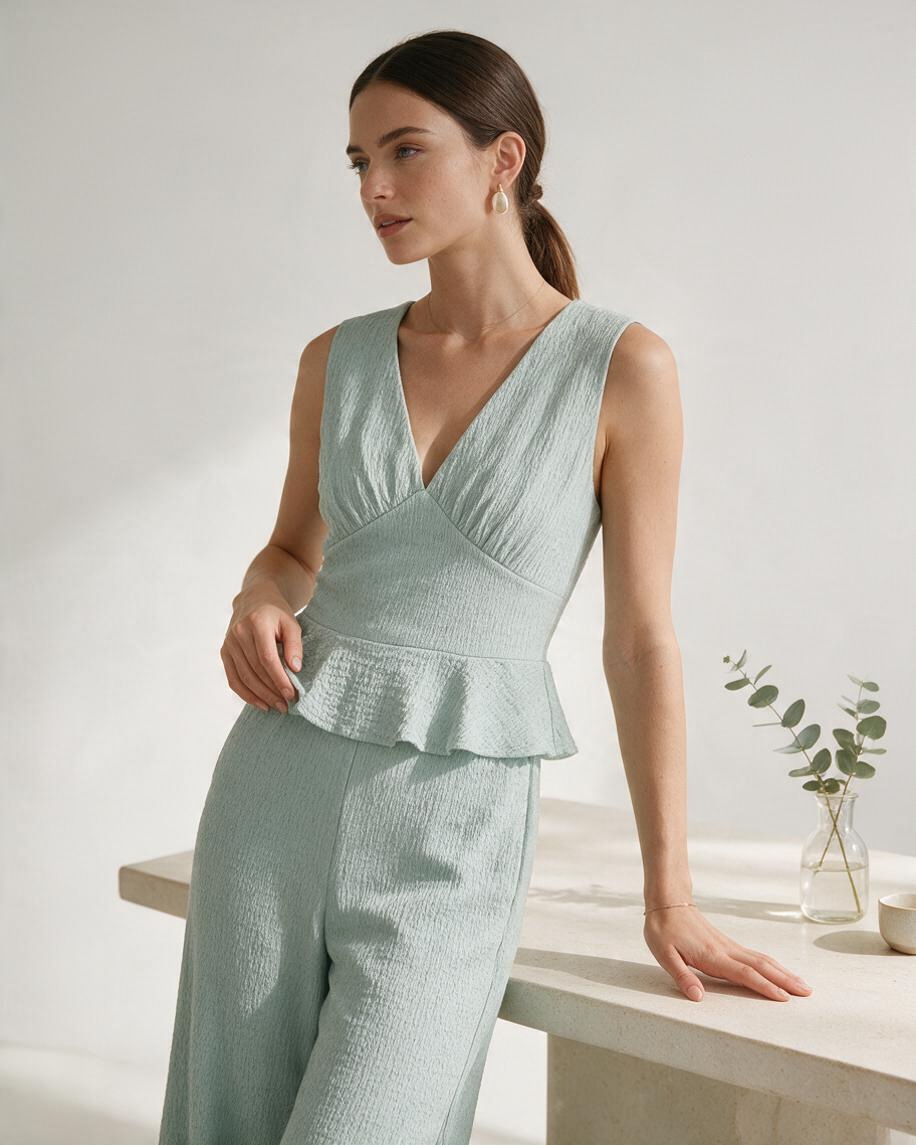 Mint Sleeveless Peplum Jumpsuit with V-Neck