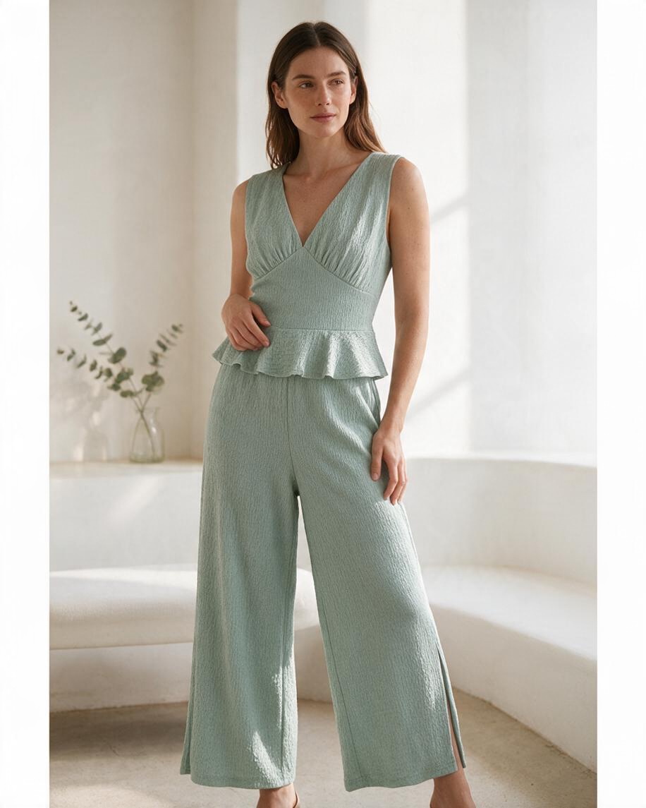 Mint Sleeveless Peplum Jumpsuit with V-Neck