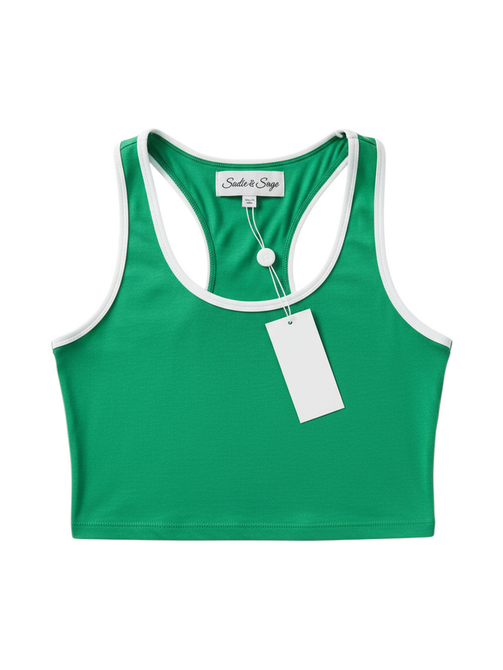 Top Corto Deportivo Sin Mangas Color Verde con Detalle Blanco