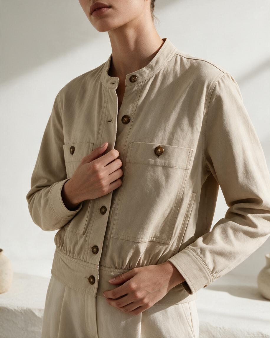 Chaqueta Corta Beige con Botones y Bolsillos - Estilo Boutique