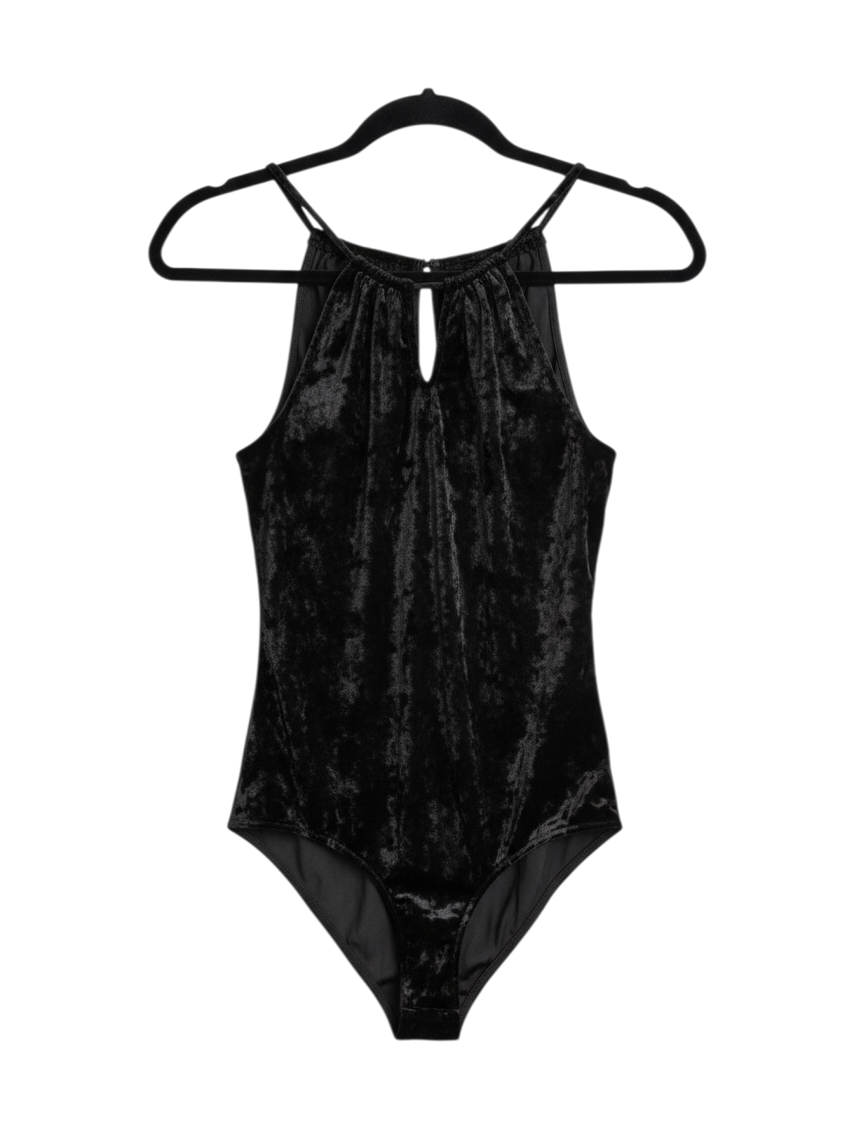 Black Sleeveless Velvet Bodysuit with Keyhole Detail