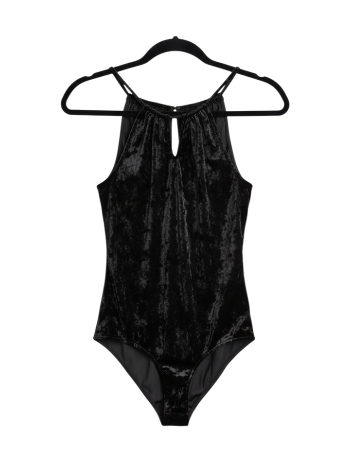 Black Sleeveless Velvet Bodysuit with Keyhole Detail