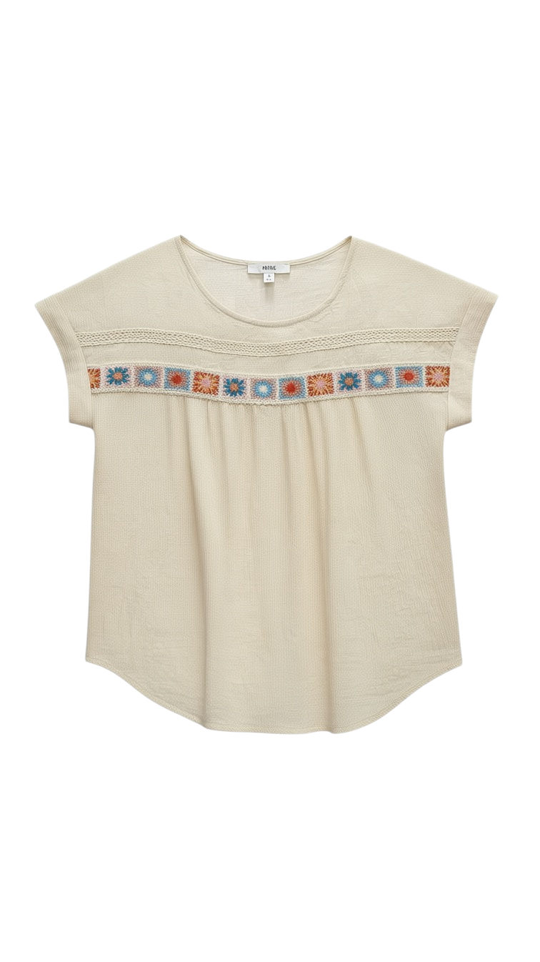 Blusa Artesanal Crema con Bordados y Detalles Coloridos
