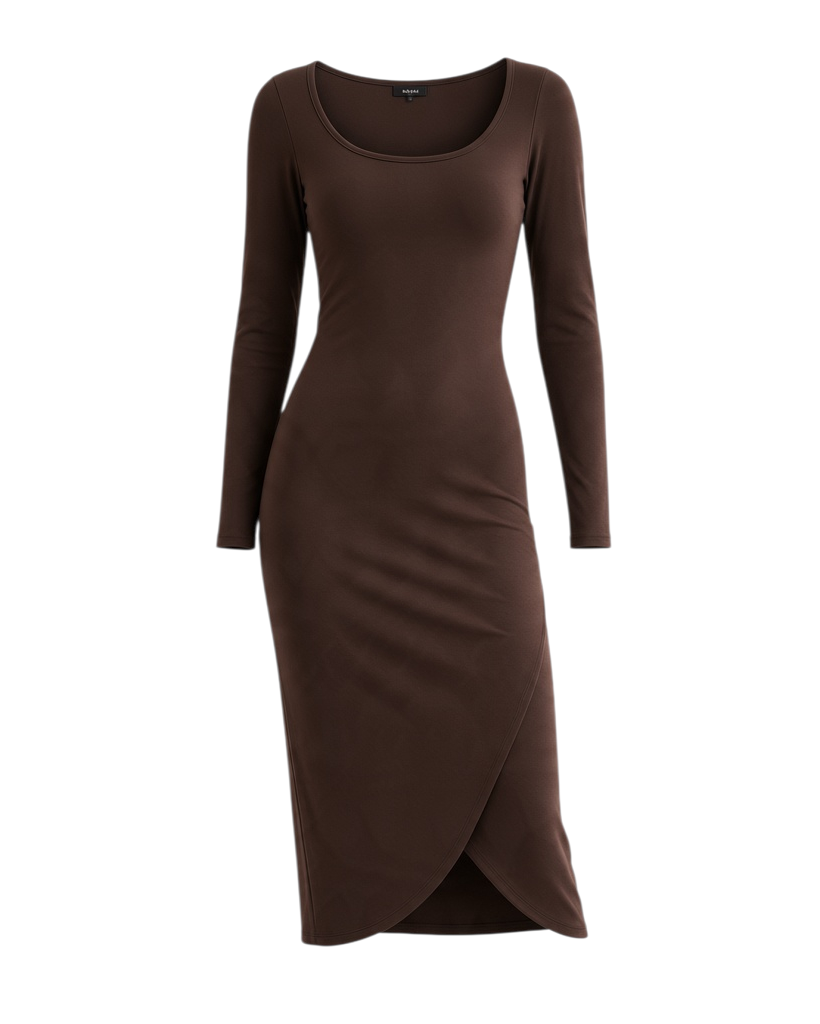 Vestido Largo de Manga Larga Color Café con Cruzado