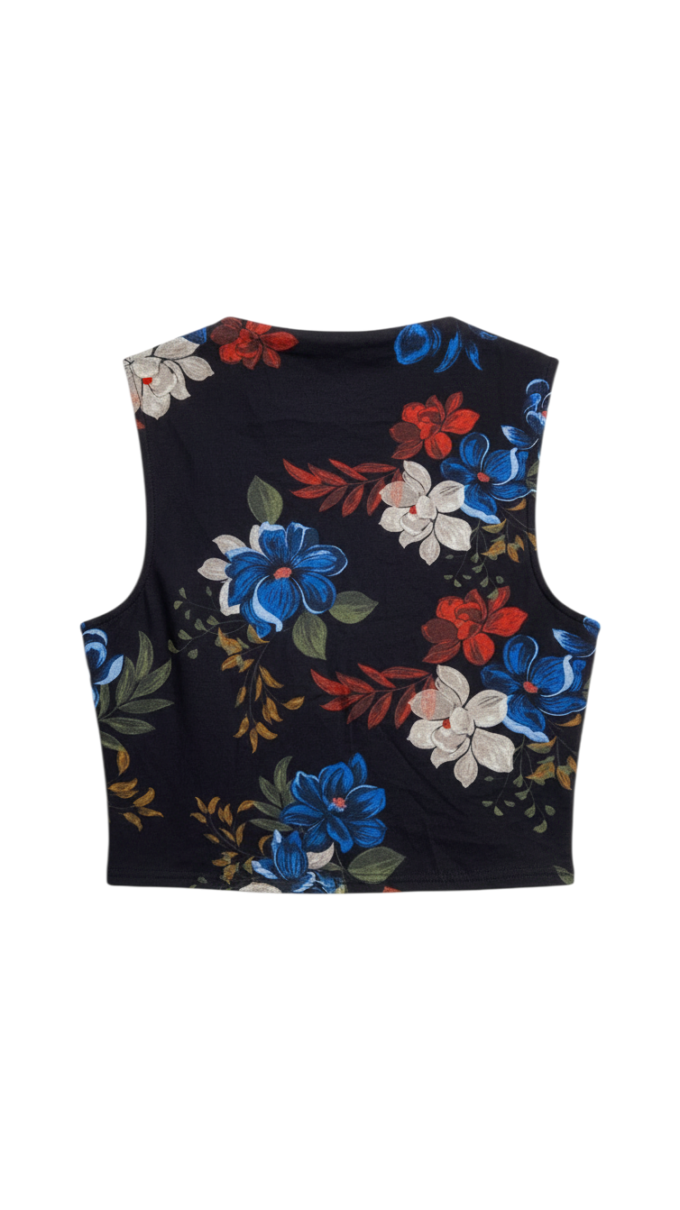 Top Corto Floral Negro con Estampado Vibrante - Estilo Boutique