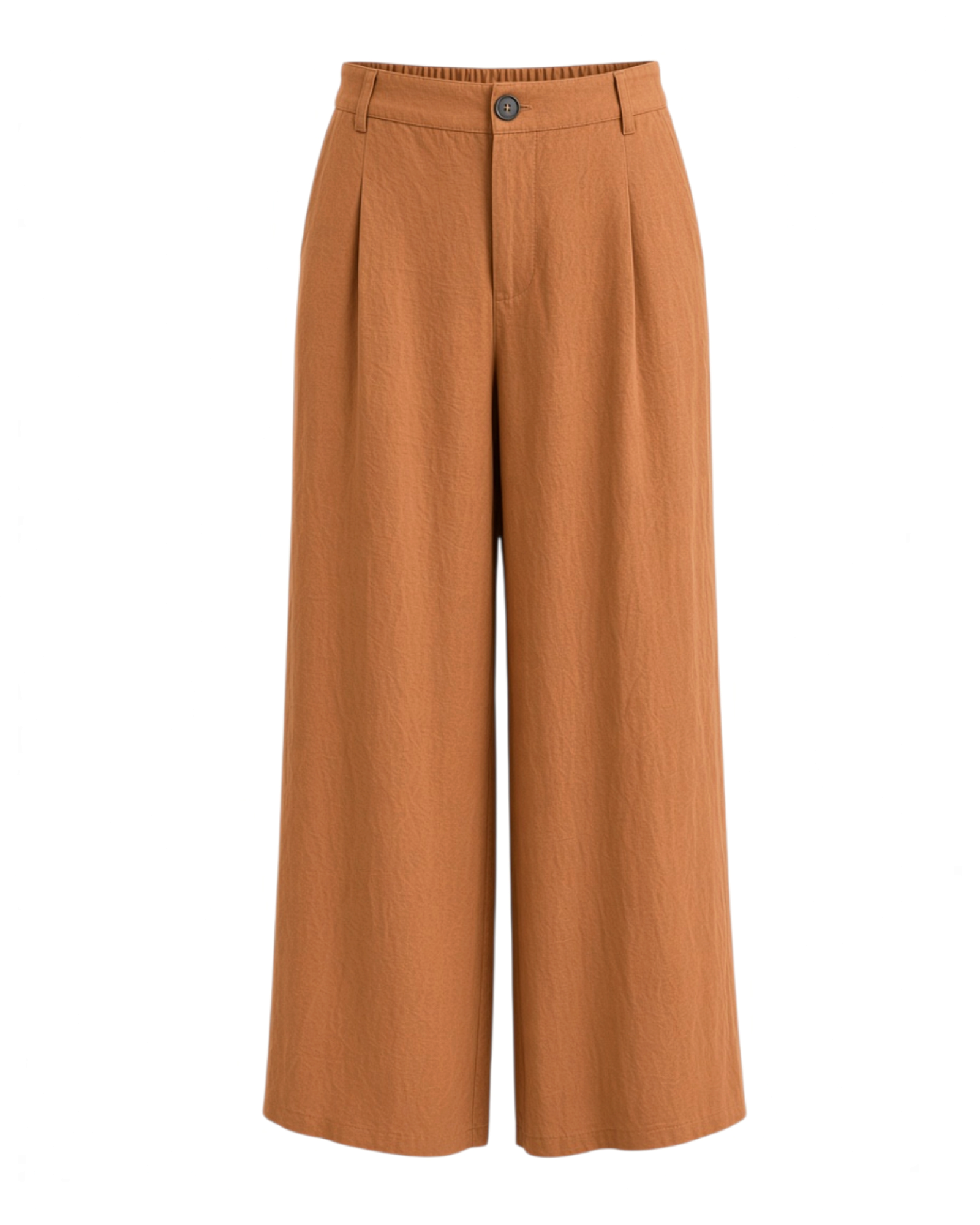 Pantalones Yanet Collective de pierna ancha en color óxido con cintura alta y detalle de botón frontal