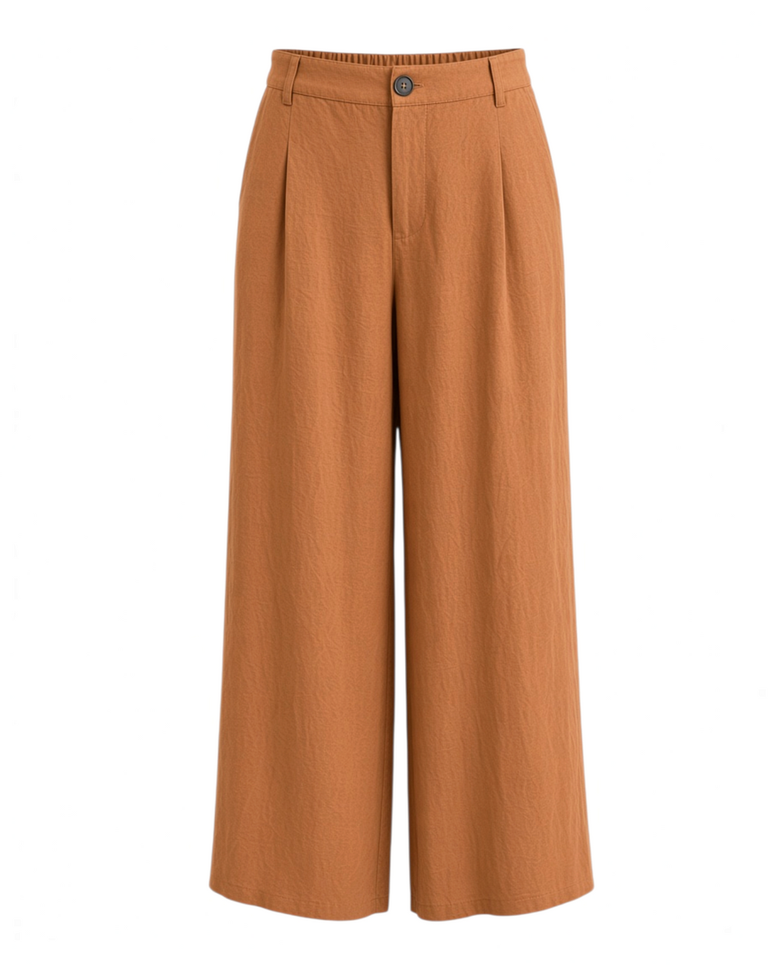Pantalones Yanet Collective de pierna ancha en color óxido con cintura alta y detalle de botón frontal