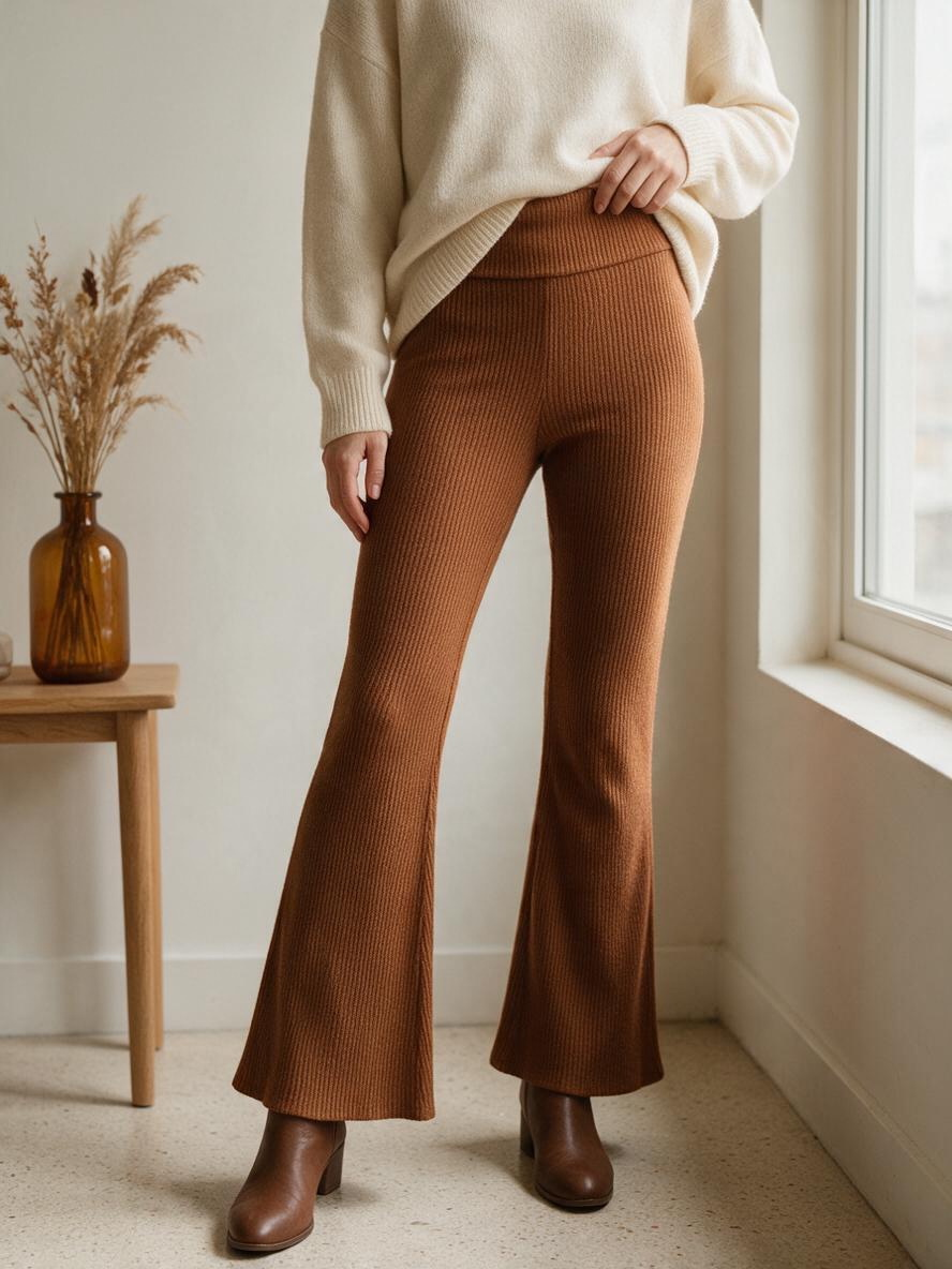 Rust Ribbed Flared Trousers with Split Hem