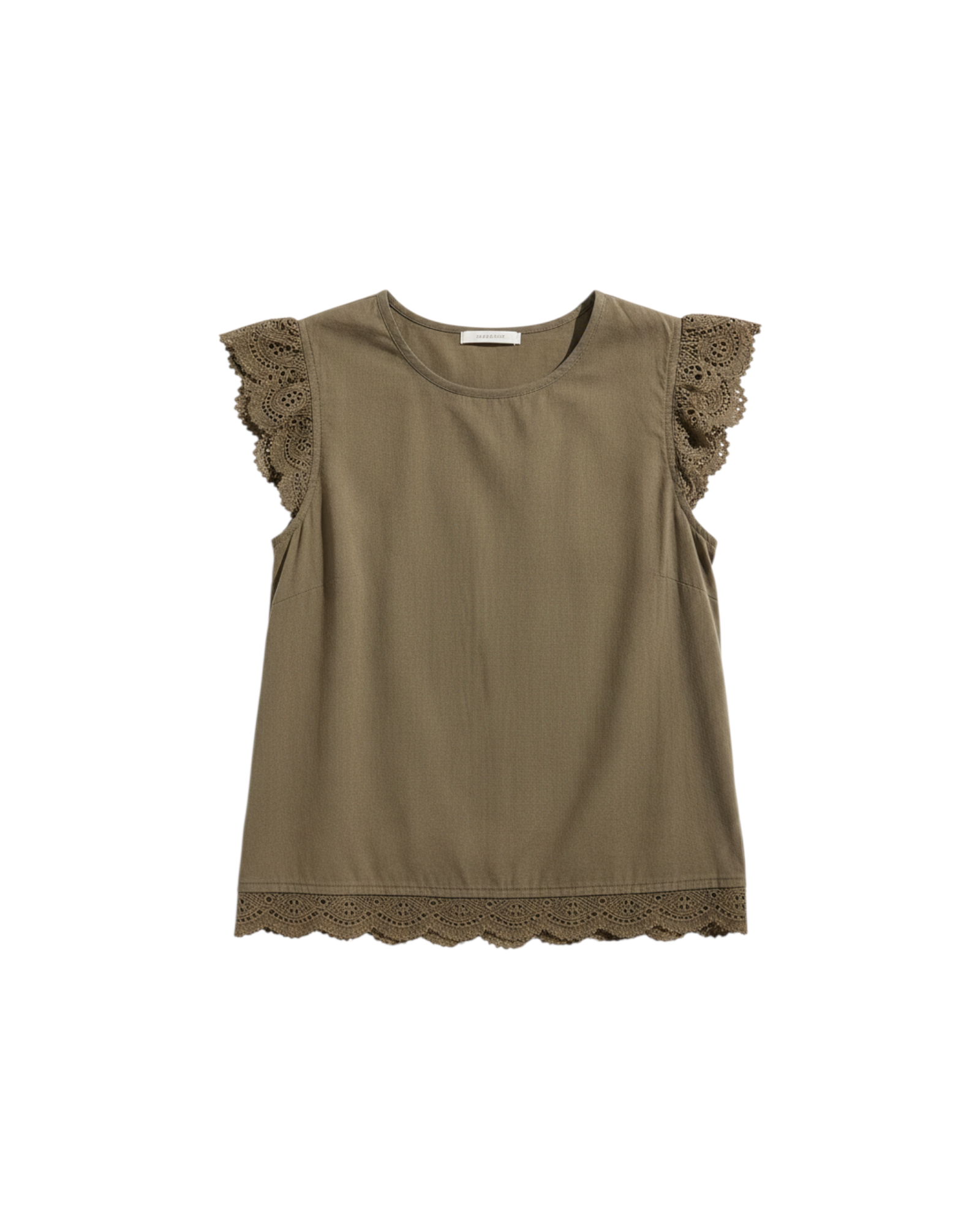 Blusa Yanet Collective marrón de manga corta con volantes de encaje y bajo festoneado en tela texturizada