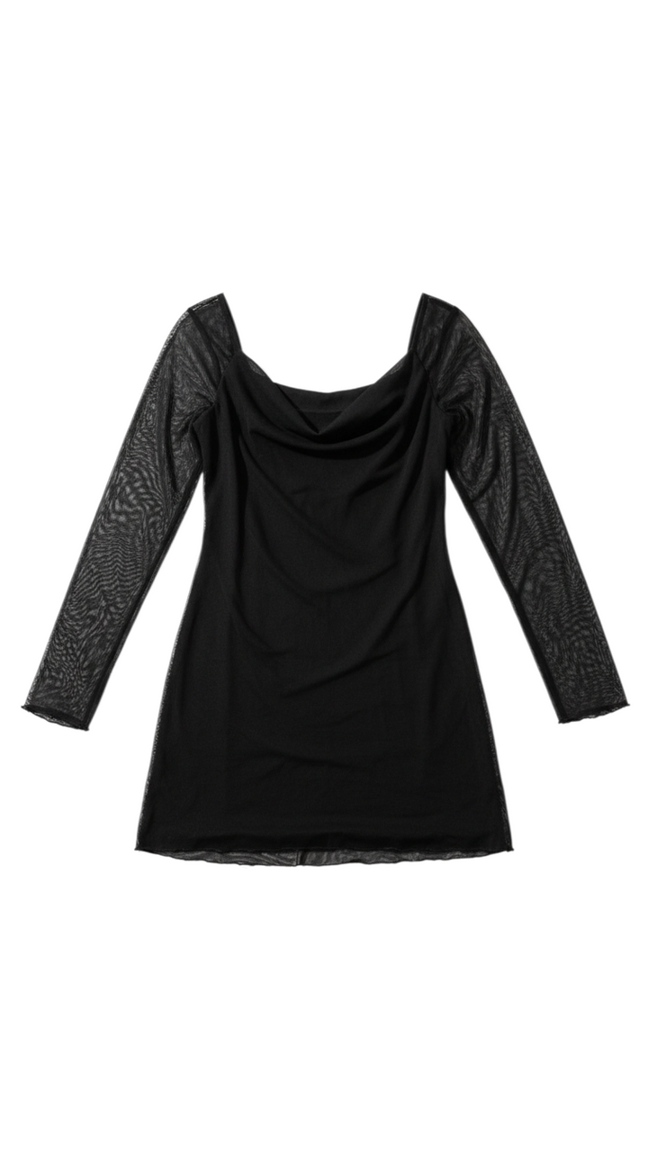 Black Long Sleeve Sheer Top with Drape Detail