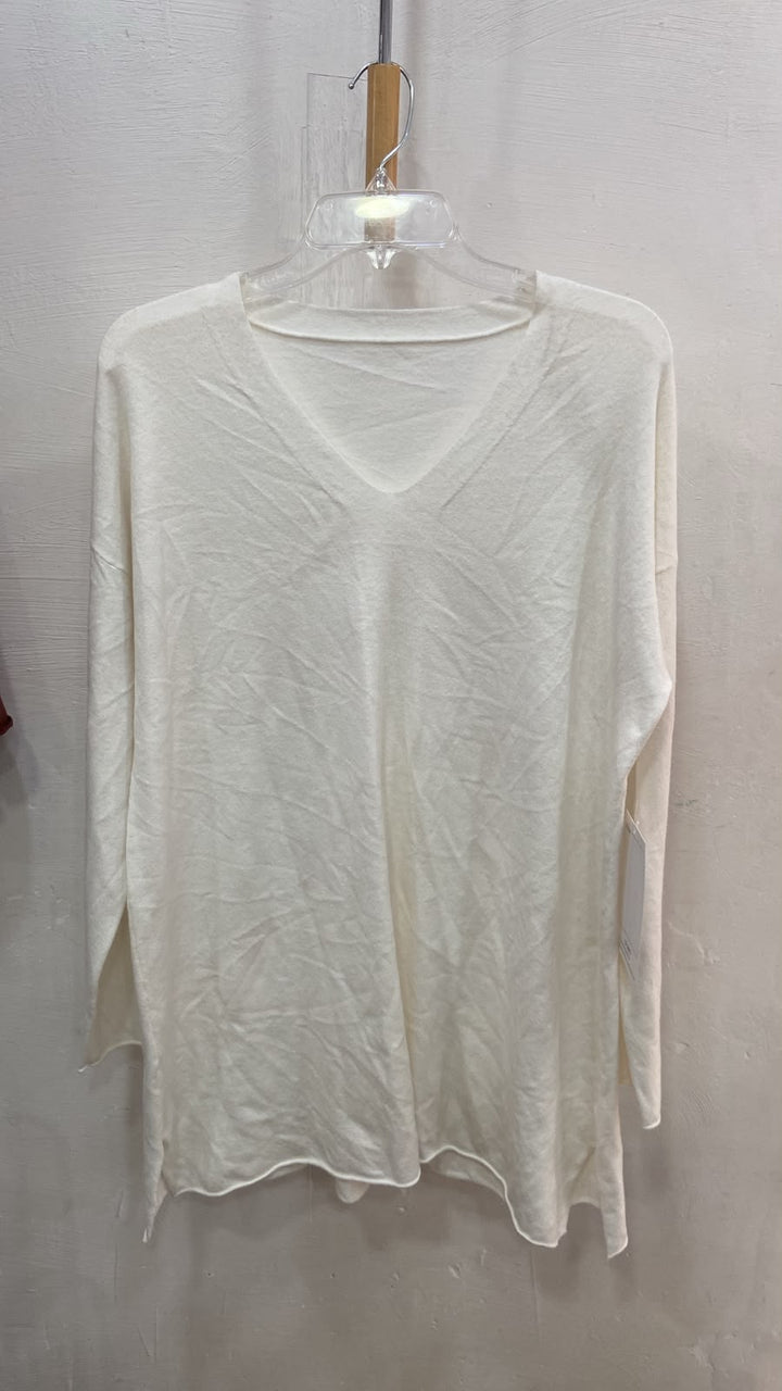 Cream V-Neck Long Sleeve Top with Raw Hem
